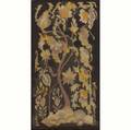 Folk art hooked rug with tree of life style design in polychrome on a black ground mounted on a stretcher 58 x 35