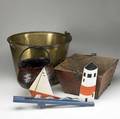 Primitives lot group of four includes brass bucket sailboat whirligig jersey grain co wooden bucket and a handled basket largest 12 12 x 18