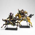 Asian roof tiles pair of earthenware horse and rider figures on iron stands one repaired 14 x 13