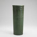 Zanesville stoneware tall matte green vase with greek key border unmarked 13 12