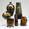 Weller  owens six vessels including louwelsa aurelian and floretta one lamp base one mug one jug and vases most marked tallest 11 12