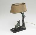 Max leverrier spelter table lamp in verdigris patina featuring a crow holding a wheel of cheese above an interested fox from la fontaines fable signed m leverrier with shade 12 x 6 12