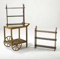 Arts  crafts group lot includes two similar oak wall hanging shelves and an oak tea cart tea cart 29 12 x 27 x 16