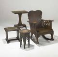 Arts  crafts furniture including buckstassedwards bent plywood rocker oak pedestal sidetable hexagonal stand and rushseated footstool 36 x 25 34 x 24