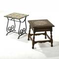 California tile top table with hispano moresque tiles inset in a wood base together with tile top table with iron base and scenes from don quixote wooden table 19 x 18 12 sq