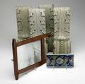 Decorative grouping seventeen pieces includes twelve fireplace surround tiles four painted oak architectural elements and a similar mirror largest 5 12 x 16 14