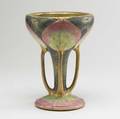 Amphora chalice with four gilded buttressed handles and a water lily pattern stamped amphora austria crown 3956 42 9 x 6 34
