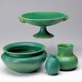 Pilkington  royal lancastrian four vessels in matte green glaze a fruit bowl a jardiniere and two small vases all stamped royal lancastrian england jardiniere 5 x 10