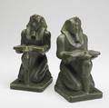Fulper pair of ramses bookends in cucumber matt glaze vertical mark 8 34
