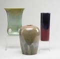 Fulper three vases including early prang in elephants breath flambe glaze two marked tallest 8