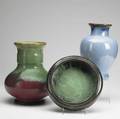 Fulper three vessels mosstorose flambe vase low bowl in flemington green and chinese blue vase vertical marks tallest 10 34