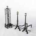 Fireplace set contemporary pair of andirons with incised steel and brass ball fittings together with matching tools comprising of brush shovel poker and tongs andirons 28 12