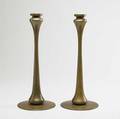 Aurora studios jarvie style candlesticks of solid bronze with loose bobeches signed michael adams 1995 stamped arts  craftsman 14