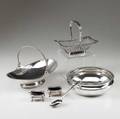 American and foreign silver or plate six pieces pair of english salts with cobalt liners and spoons american coin silver swing handled openwork basket fixed handled basket with roped design scotti