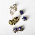 Fine designer modern earrings four pairs sterl 18k yg and lapis lazuli 18k yg double curblink clip 14k yg with faux pearl drops sterl and 10k lapis lazuli
