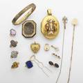 Victorian  art deco jewelry including rings bracelet locket brooch fobs lorgnette chain gemstones diamonds in gold and gf