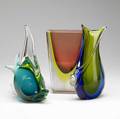 Italian glass grouping of three includes pair of vases and sculptural fish with chip tallest 9 12