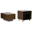 Modern media stand on casters with pedestal in chocolate brown lacquered finish en suite with occasional table 18 x 23 x 20 and 16 x 30 x 20