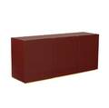 Modern credenza in red lacquer finish with three doors enclosing interior shelves on brass base 29 x 65 x 18