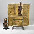 Modern group lot two wooden sculptures a drafting table and a bamboo screen 55 12 x approx 64 each panel measures 21 12