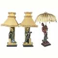 Exotic figural lamps 20th c pair of continental art co lamps with asian figures and panthers together with one formed as a blackamoor holding an umbrella tallest 37 12
