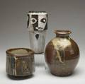 Vivika  otto heino etc three ceramic pieces foursided vessel by heino bulbous vase in the style of hamada and cylindrical vase with cubiststyle faces all covered in brown beige and ivory gl