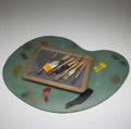 Carmen spera sculptural assemblage comprising an artists palette and brushes on chalkboard 27 x 20