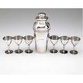 Tiffany silver martini shaker and six stems tapered and banded cylindrical shaker with integral strainer block monograms jtb jt beckwith 10 14 with six unmonogrammed vessels 3 34 44 ot