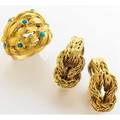 Buccellati gold earrings and ring yg earrings designed as rope knots 1 with lever back closures for pierced ears pierced bombe ring with seven turquoise cabochons size 5 12 365 gs tw