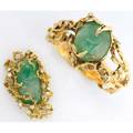 Arthur king gold cuff and brooch freeform 18k with diamonds the hinged bracelet with green beryl cabochon and eight accent diamonds 20 ct tw 6 14 int cir the brooch with carved jade and elev