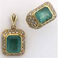 Emerald and diamond pyramid pendant and ring 18k yg ca 1980 the rectangular pendant set with an emerald 138mm x 118mm 63 cts by formula a similar ring set with an emerald 108mm x 96mm 4