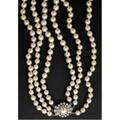 Triple strand akoya pearl necklace with diamond cluster clasp spherical pearls 87mm  545mm with 14k wg clasp diamonds approx 75 ct tw shortest strand 32