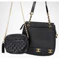Two chanel leather day bags quilted black leather shoulder bag with gold quilt textured metal chain leather interior exterior pocket authentication card 2084765 made in italy 9 14 x 7 12 te
