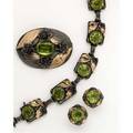 Hobe green gem demiparure silver with gf leaves and roses ca 1940 7 link bracelet oval brooch 2 14 x 1 38 screwback earrings 34 marked hobesterling120 14k
