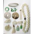 Jade jewelry five old carved celadon jade animals or vegetables with gold pendant mounts recumbent horse nesting goose and duck mushroom with bug on reverse pea pods 18 strand with 165 mm bead
