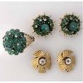 Retro gold and gemstone jewelry 18k ca 1940 pair of oec diamonds 150 cts tw in a stylized coil with lever backs and hinged posts emerald bead and colletset diamond cluster earrings and a ring