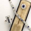 Art deco diamond and sapphire jewelry three pieces include 7 34 link bracelet 18k wg rectangular cluster ring 14k size 6 12 stick pin with 75 ct sapphire oec diamonds approx 30 cts tw