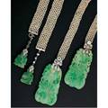 Edwardian diamond jade and seed pearl suite neglige ribbon necklace suspends foliate carved jade tablets from diamond and pt bow knots and woven seed pearl ribbon with diamond bow clasp bracelet s