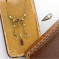 Suffragist necklace by alling  co and victorian pearl and diamond ring ca 18801920 14k yg necklace set with peridots seed pearls and amethysts encompasses 13 34 central element 1 34 in leng