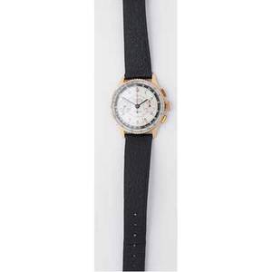 Breitling chronomat 18k rose gold ca 1950 37 mm black and white dial with red accents subsidiary dials for seconds and 45minute recording sliderule bezel movement 1250 case 606284