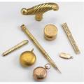 Victorian gold accessories eight pieces 18k rococo cane handle 18k patch box with mirror ca 1838 french 18k cylindrical patch box english 9k coin necessary for chatelaine 18k neoclassical needl