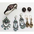 Victorian turquoise demiparure etc eight pieces in gold silver or gf silver turquoise and seed pearl 2 fringe earrings and pinpendant 14k yg 2 hollowform earrings bohemian garnet hinged silv