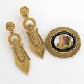 Etruscan revival gold earrings and micromosaic brooch articulated shield form earrings 15k granulation and wirework 2 12 oval scenic micromosaic fine tesserae polished surface black dish and
