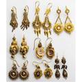 Eight pairs of victorian gold earrings in 18k 15k or 14k two pairs may be lower assay or gf etruscan revival hollow form enamel pearls rose cut diamonds 383 gs gw longest 2