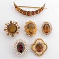 Late victorian gemstone brooches 9k yg crescent brooch five 14k brooches makers include hedges and krementz includes garnets citrines pearls and ivory 356 gs gw largest 2