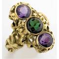 American arts and crafts seaweed motif ring in 18k yg with bezel mounted amethysts and green tourmaline entwined by seaweed and starfish unmarked possibly f walter lawrence 108 gs gw size 7 12