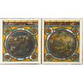 Stained glass windows pair of handpainted windows depicting landscape scenes with castles in painted wooden frames 19th c 28 x 24 12
