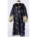 Chinese robe embroidered with flower and butterfly designs on dark blue ground with beige embroidered cuffs late 19thearly 20th c length 42