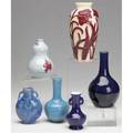 Asian porcelain six vessels cobalt blue chinese bottle vase mottled blue bottle vase light blue doublegourd vase purple vase with elephant handles mottled blue handled vase with chip cream and