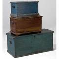 Blanket chests grouping of three two in blue paint and one in pine all 19th c largest 17 12 x 39 12 x 17